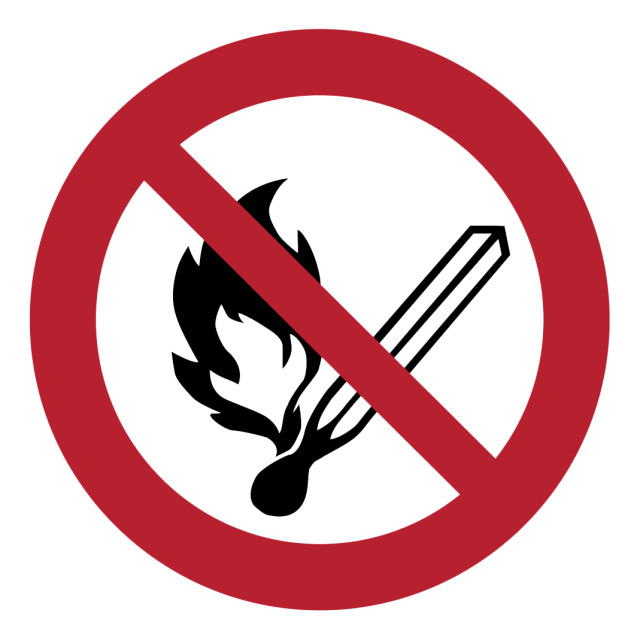 Verbotszeichen keine offene Flamme, Feuer, offeneZündquelle, DIN EN ISO 7010, ASR 1.3 2012, Folie selbstklebend, Ø 200 mm