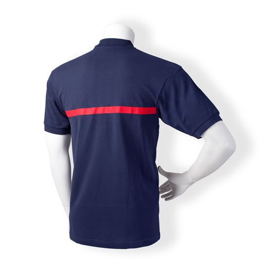 Poloshirt Kurzarm, navyblau, mit rundumlaufendem rotem Streifen. 100% Piqué-Baumwolle, 180 g/ m‚, Knopfleiste
