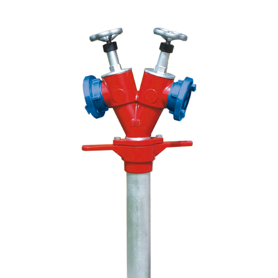 Hydrantenstandrohr AWG DN 80, Abgang 2 x B, DIN 14375-1, blau eloxiert, Kopf drehbar, Absperrventilemit Rückflussverhinderern