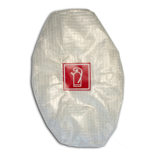 Schutzhülle für Pulverlöscher bis 12 kg Füllinhalt, PES-Gewebe transparent, UV-beständig, aufgedrucktes Piktogramm FEUERLÖSCHER