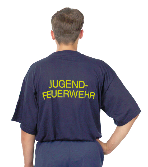 Jugendfeuerwehr T-Shirt dunkelblau Aufschrift in neongelb