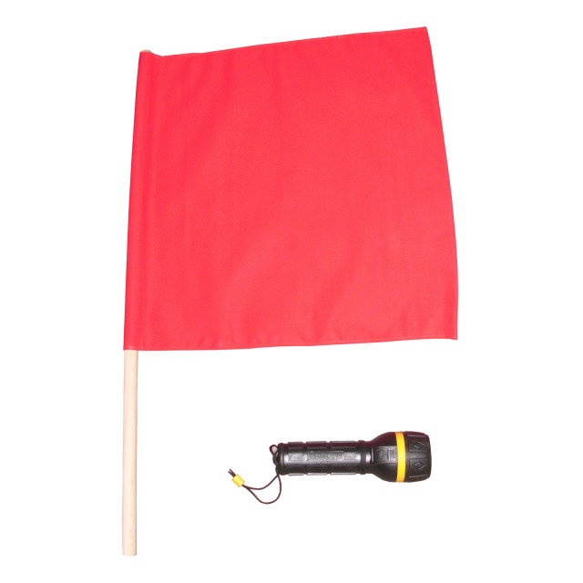 Notsignal, bestehend aus Warnflagge, Farbe rot undTaschenlampe mit Morsefunktion, ohne Batterie