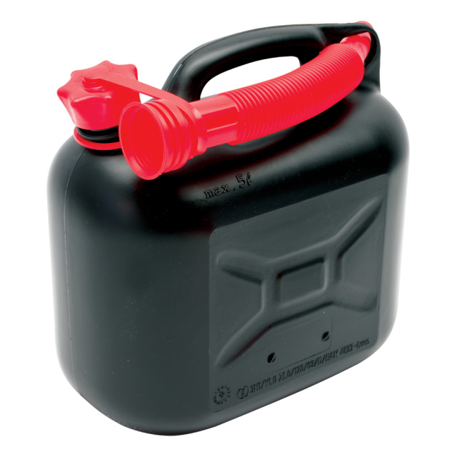 Benzinkanister 5 l, GGVS-Zulassung,aus Kunststoff,Farbe schwarz, einschließlich aufschraubbarem Ausgussstutzen für