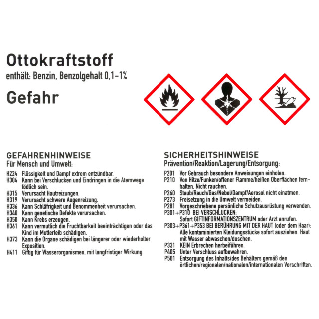 Gefahrstoffkennzeichnungsetikett Ottokraftstoff gemäß GHS. Folie selbstklebend, (BxH) 105x74 mm