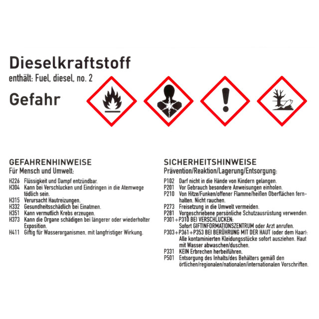 Gefahrstoffkennzeichnungsetikett Dieselkraftstoff gemäß GHS. Folie selbstklebend, (BxH) 105x74 mm 