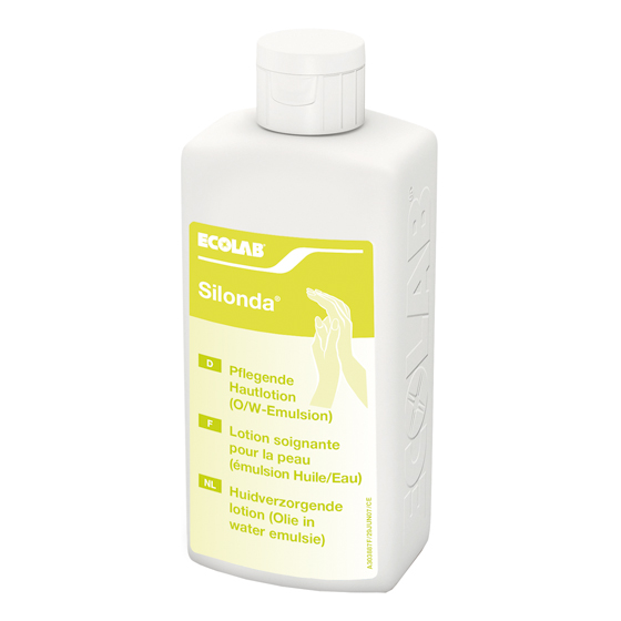 Pflegelotion ECOLAB Silonda zur Hautpflege nach hygienischer Händedesinfektion. Spenderflasche mit 500 ml Inhalt