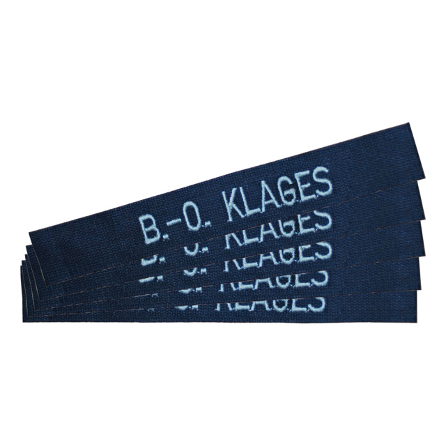 Namenstreifen 120x28 mm, Band dunkelblau, Schriftweiß, aufgeklebtes Klett-Hakenband und Flauschband, Satz mit 5 Stück
