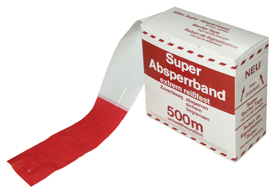 Absperrband rot-weiß, aus Polyethylen, hochreißfes t. Breite 80 mm, Länge 500 m, im Abrollkarton 