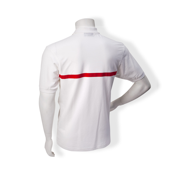 Poloshirt Kurzarm, weiß, mit rundumlaufendem rotemStreifen. 100% Piqué-Baumwolle, 180 g/ m‚, Knopfleiste