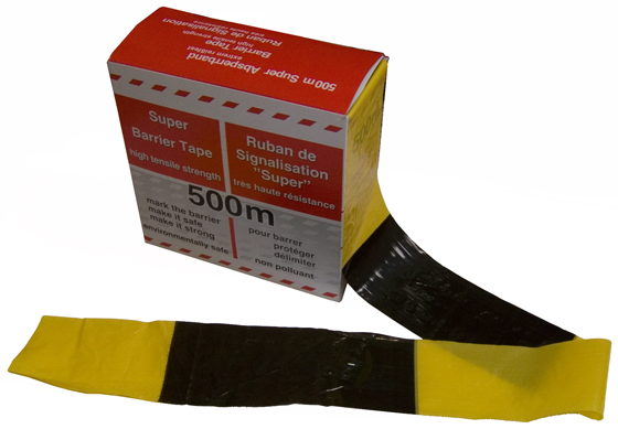 Absperrband schwarz-gelb, aus Polyethylen, hochreißfest. 80 mm breit, 500 m lang, im Abrollkarton