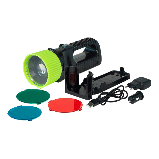 Handlampe ACCULUX UniLux PRO, 3 W Cree LED, mit LiIon-Akku, Wandladestation, Ladekabel 12/24/230 W,3 farbigen Vorsteckscheiben