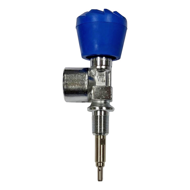 Flaschenventil INTERSPIRO 300 bar, DIN EN 144, zylindrisches Gewinde M18 x 1,5, Handrad blau, Abströmsicherung, Sinterfilter