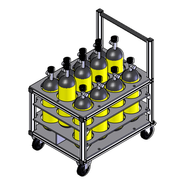 Flaschentransportwagen gestuft MUNK RETTUNGSTECHNIK,zur Aufnahme von 12 Druckluftflaschen, mittlere Reihe erhöht