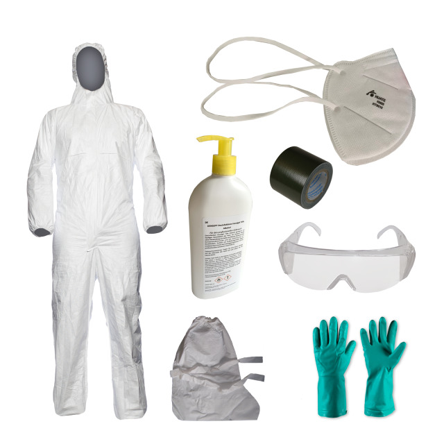 Schutzset Infektionskrankheiten II (Schutzanzug Kat I, Überziehstiefel, Schutzbrille und -handschuhe, Atemschutzmaske, Desinfektionsmittel)