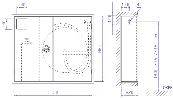 Wandhydrantenschrank S-SEK mF II-S-220 DIN 14461-1Typ S, zweitürig Bauart B (Unterputz), lichtgrauRAL 7035, 1050x880x220 mm