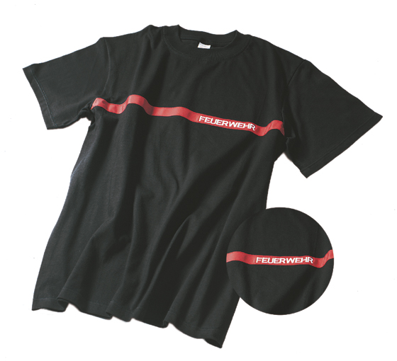 T-Shirt, schwarz mit aufgenähtem rotem Streifen, 100% Baumwolle, 205 g/m²