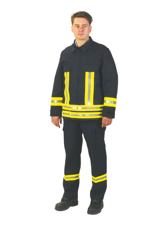 Feuerwehrjacke WATEX DIN EN ISO 11612, 100% Baumwolle FR, schwarzblau, Reflexstreifen gelb/silber/gelb, Rückenschild FEUERWEHR, PSA II