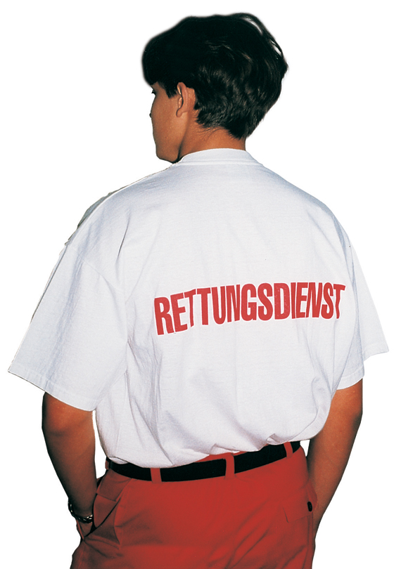T-Shirt weiß, 100% Baumwolle, 185 g/m‚, mit Rückenaufschrift RETTUNGSDIENST in rot