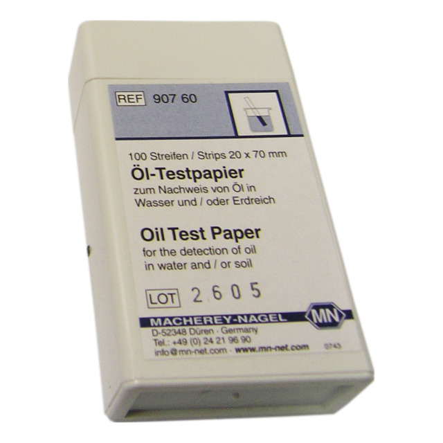 Öl-Testpapier, Packung mit 100 Stück. Zum Nachweisvon Öl in Wasser oder Erdreich, Teststreifengröße70x20 mm