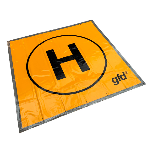 Bereitstellungsplane gfd DROHNE, signalgelb, mit Griff, Reflektorstreifen, Metallgewichten, bedrucktmit Symbol H im Kreis, 2x2 m