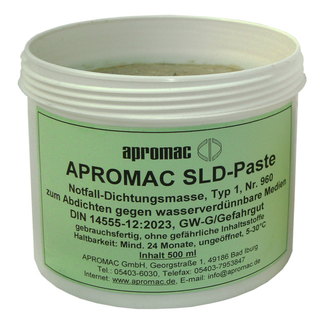 APROMAC SLD-Paste, Notfall-Dichtungsmasse Typ 1 zum Abdichten gegen wasserverdünnbare Medien, Dose mit 500 ml Inhalt