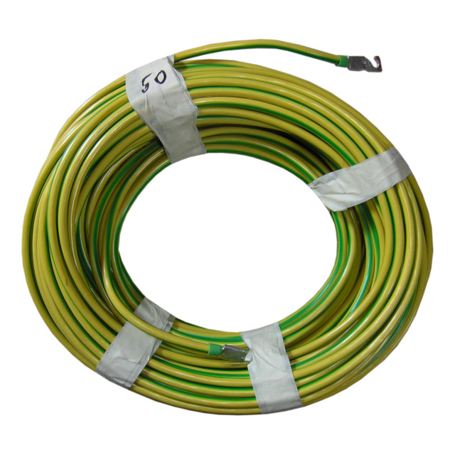 Erdungslitze 2,5 m lang, Kupferlitze 16 mm‚ Ø,flexibel, PVC-ummantelt, grün/gelb, beiderseitsmit hakenförmigem Kabelschuh