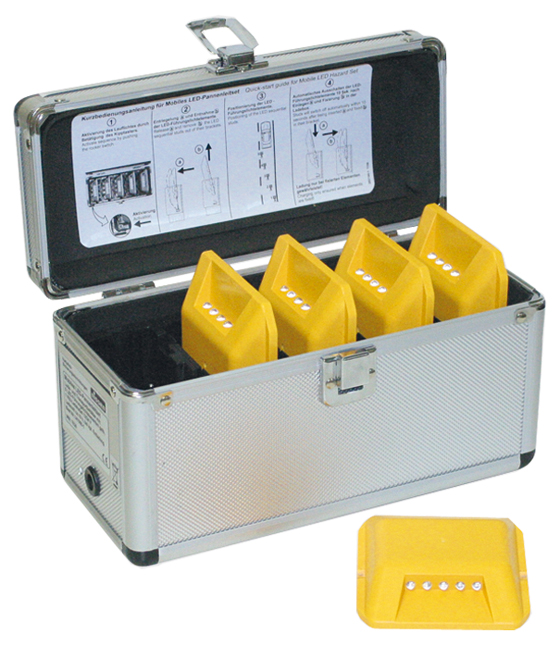 Pannenleitset NISSEN SYNCHROS, gelb. Bestehend aus5 LED-Führungslichtelementen gelb, 1 Lade- und Transportbox, 1 Ladekabel mit Kfz-Stecker