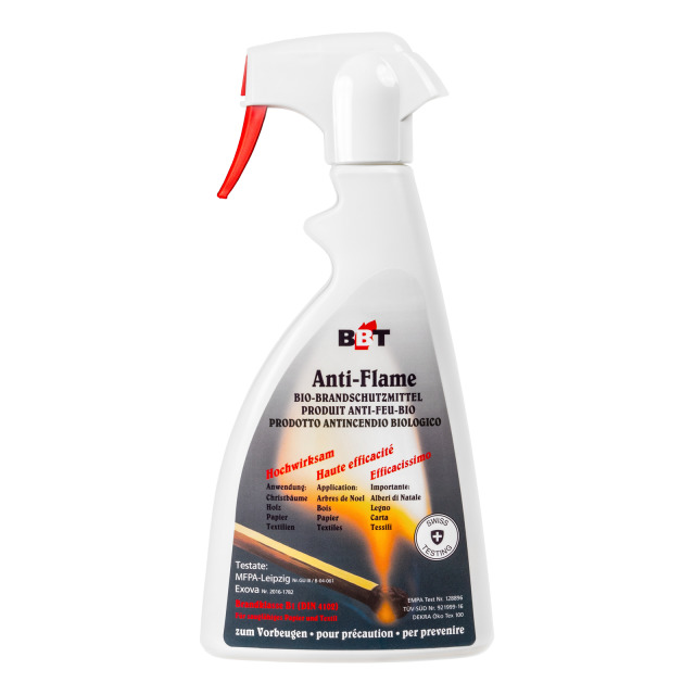 Brandschutzspray BBT Anti-Flame, DIN EN 13501-1, Kl. B-s1,d0 (für saugf. Textilien u. Papier), 500-ml-Flasche mit Handpumpe