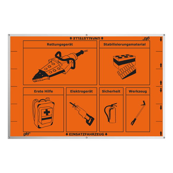 Bereitstellungsplane gfd PREMIUM THL, orange, Griff, Ösen, Reflektorstreifen, bedruckt mit Faltanleitung und THL-Symbolen, 3x2 m
