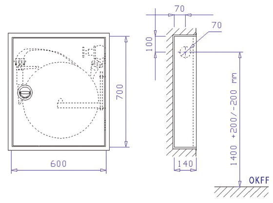Wandhydrantenschrank WES DIN 14461-6, eintürig, Bauart B (Unterputz), lichtgrau RAL 7035, 600x700x140 mm