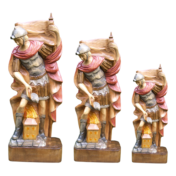 Holzschnitzerei Sankt Florian, Höhe 550 mm, mehrfarbig. Echtes Massivholz, gebeizt und gewachst, mithohem Sockel für Gravurschild