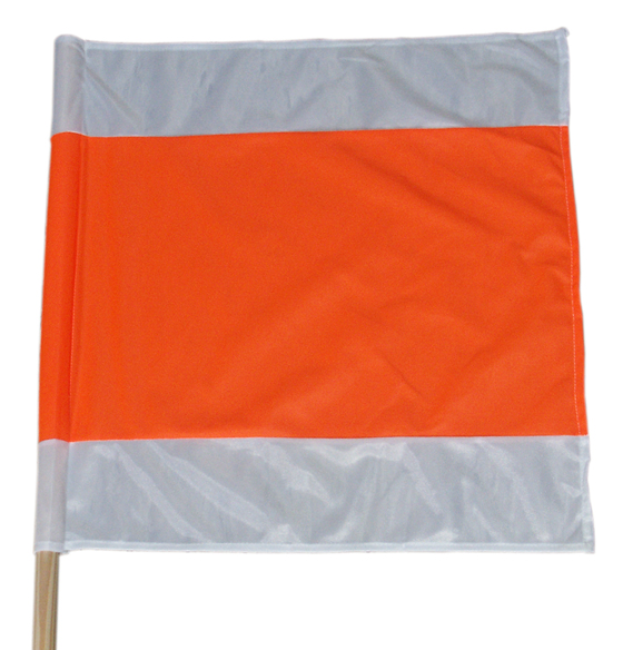Warnflagge weiß/orange/weiß, 500x500 mm. Mit Holzstab, Länge 800 mm