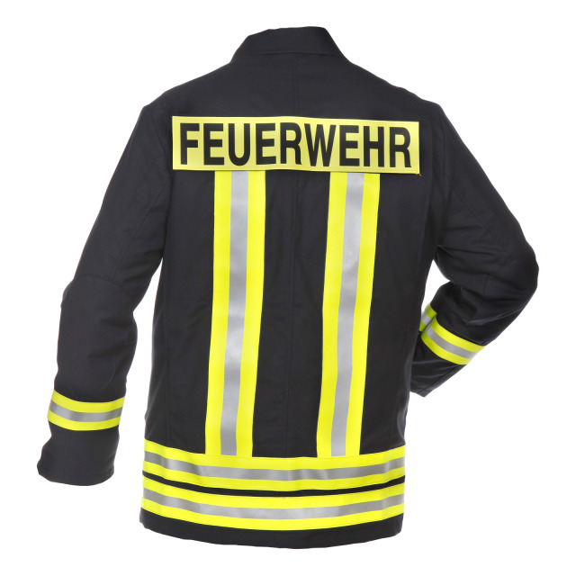 Feuerwehrjacke NOVOTEX HuPF Teil 3, DIN EN ISO 11612. 100% Baumwolle FR, schwarzblau, mit Reflexstreifen, Ausführung RLP, PSA II