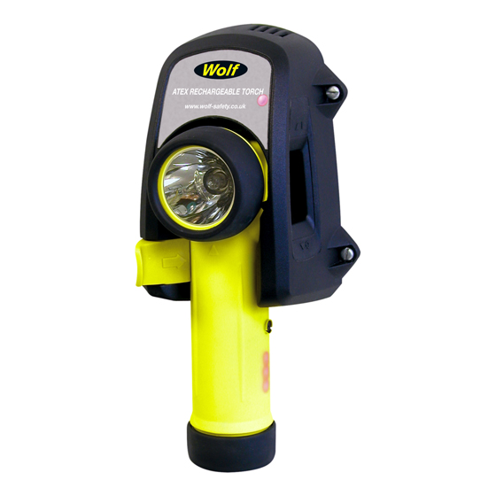 Taschenlampe WOLF LYR-50, gewinkelt. LED 3 W, LiIon-Akku 7,4 V/2,4 Ah, ATEX-Zulassung Zone 1 und 2,Schutzart IP 67