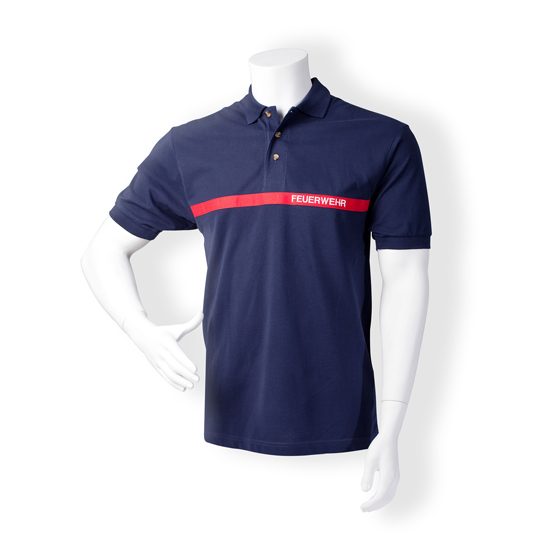 Poloshirt Kurzarm, navyblau, mit rundumlaufendem rotem Streifen. 100% Piqué-Baumwolle, 180 g/ m‚, Knopfleiste