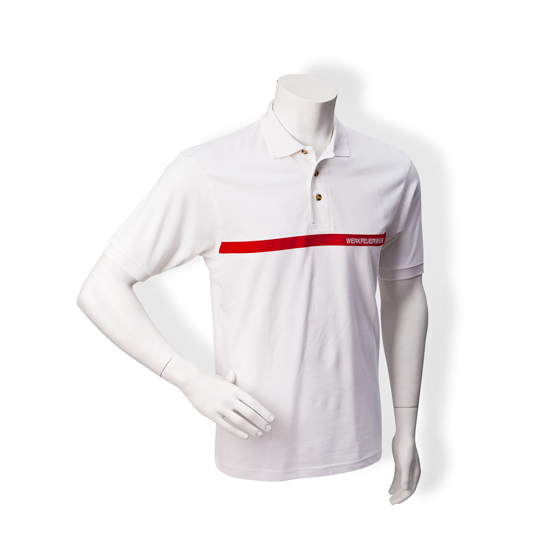 Poloshirt Kurzarm, weiß, mit rundumlaufendem rotemStreifen. 100% Piqué-Baumwolle, 180 g/ m‚, Knopfleiste