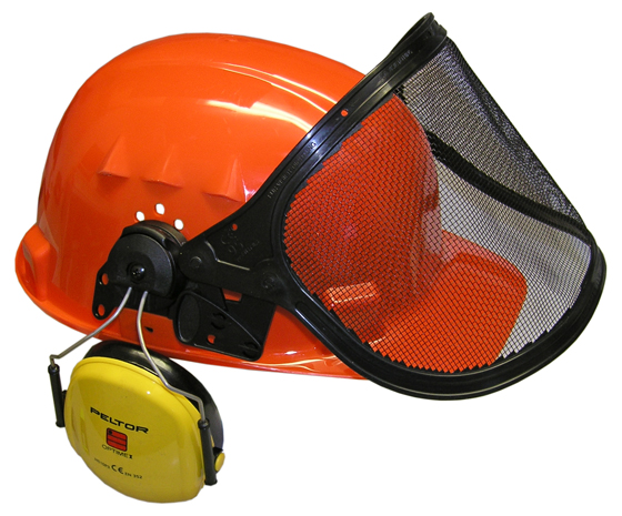 Waldarbeiter-Helm, EN 352, EN 397, EN 1731. Bestehend aus Schutzhelm, Drahtgeflecht- Gesichtsschutzund Gehörschutzkapseln, PSA III