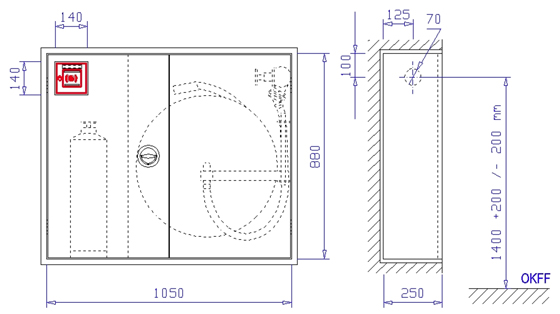 Wandhydrantenschrank S-SEK mF II DIN 14461-1 Typ F, zweitürig Bauart B (Unterputz), lichtgrau RAL 7035, 1050x880x250 mm