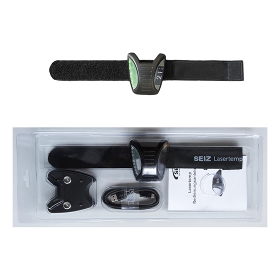 Temperaturmessgerät SEIZ Lasertemp, LiPo-Akku, USB-Ladekabel 5 V, Klettgurt zur Befestigung am Handgelenk