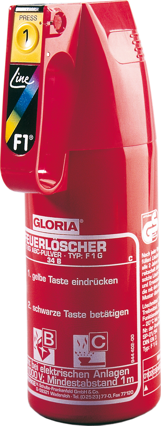 Autofeuerlöscher Gloria F 1 G, DIN EN 3, 1 kg ABC-Löschpulver, Halterung