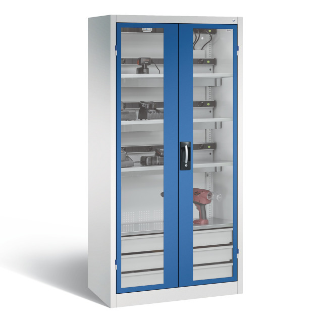 Akkuladeschrank C+P Comfort, Türen mit Fenster aus Acrylglas, Korpus und Inneneinrichtung grau, Türen blau