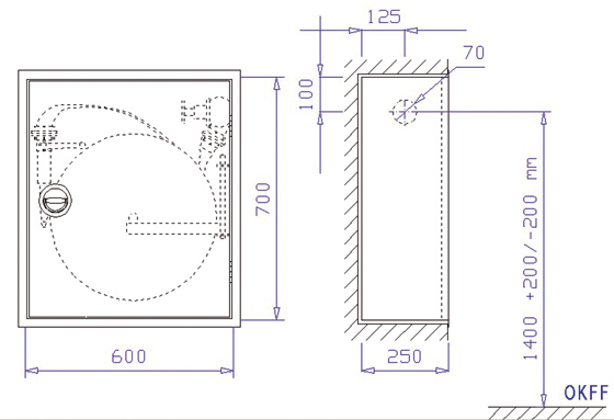 Wandhydrantenschrank WES D DIN 14461-6, eintürig,Bauart B (Unterputz), lichtgrau RAL 7035, 600x700x250 mm
