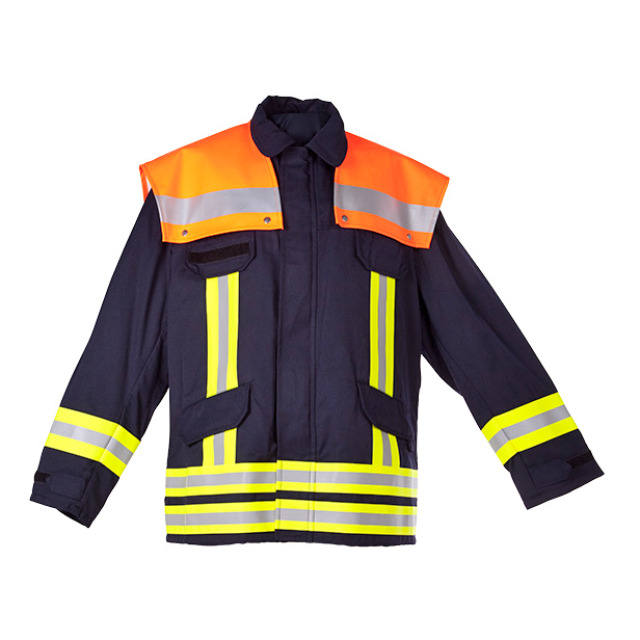 Feuerwehrjacke WATEX OBERSTDORF 2000, DIN EN ISO 11612, warnwestenbefreit, Aramid/Viskose FR, Schulterkoller leuchtorange mit Aufdruck FEUERWEHR, PS