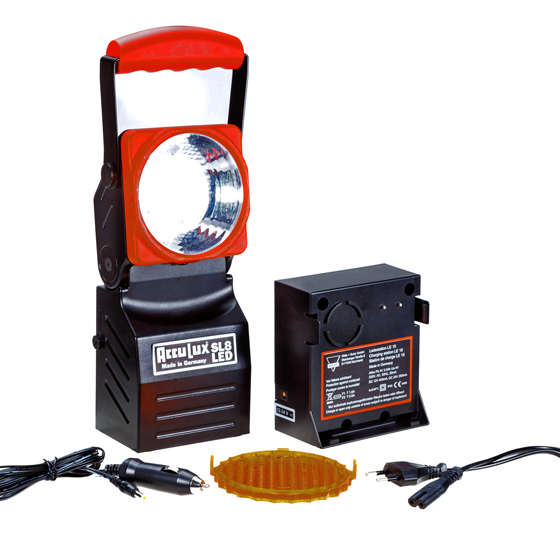 Handscheinwerfer AccuLux SL 8 LED, Set mit LiFePO4-Akku, Ladestation, Ladekabel 230 V, Ladekabel 12/24 V, Streuscheibe orange