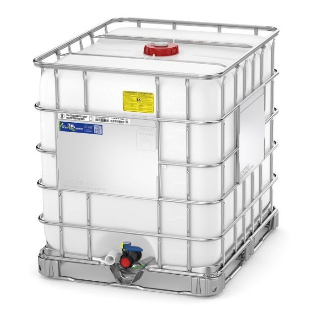 IBC-Container 1000 l, auf Kufenpalette, ZulassungUN 31HA1/Y, Innenbehälter HDPE, Erdungskabel, Auslauf NW 50