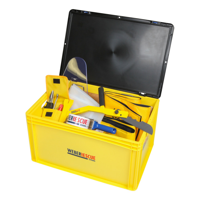 BASIC EXTRICATION BOX WEBER, Eurobox mit Bestandteilen zur Stabilisierung, Glasmanagement, Patientenschutz, Kantenschutz