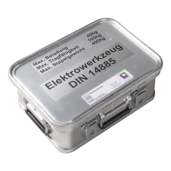 Elektrowerkzeugsatz MUNK, DIN 14885, im Aluminiumkasten DIN 14880-4-LM, mit Aufschrift und Schaumstoffeinsätzen