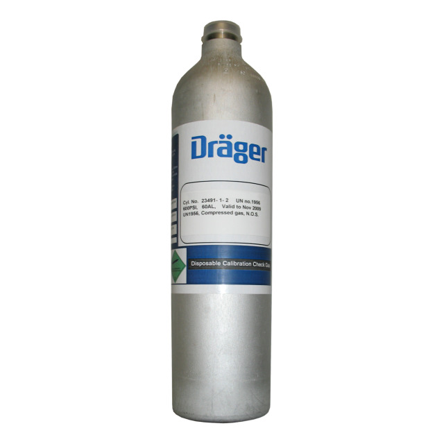 Prüfgasflasche DRÄGER, DIN EN ISO 11118. 60 l, 15ppm H2S, 50 ppm CO, 2,5 Vol.-% CH4, 18 Vol.-% O2.Einwegflasche als Ersatz, ohne Regulierventil