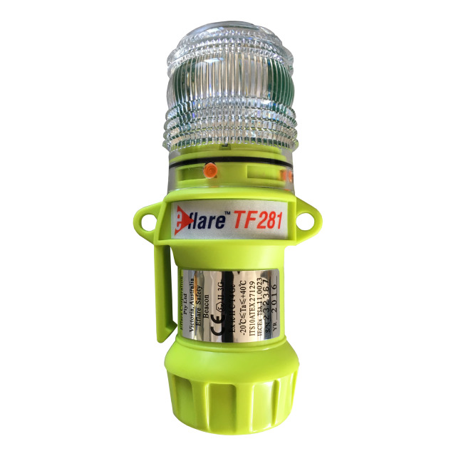 Blitz-Warnleuchte eFlare UB280G, ATEX-Zulassung, 8 gelbe LEDs. Betrieb mit 4 Alkali-Mignonzellen (nicht im Lieferumfang)