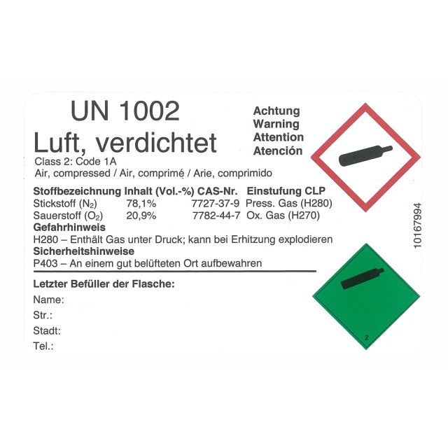 Kennzeichnungsetikett MSA für Atemluftflaschen, zur Dokumentation des Befüllers gemäß CLP-Verordnung, Packung mit 10 Stück